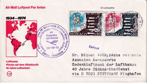 Monaco - 0,50+0,90 Fr. Drogenmissbrauch LH Sonderluftpost Zuleitung 1974