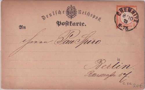 DR - 1/2 Gr. gr. Brustschild Fernkarte K1 Chemnitz - Berlin 1873