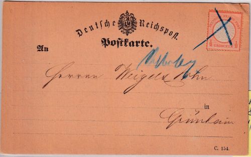 DR - 1/2 Gr. gr. Brustschild Fernkarte hds. Entw. Schwarzenberg - Grünhain 1873