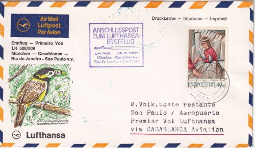 Zypern - Lufthansa-Erstflug München Sao Paulo Zuleitungspost Nicosia 1971