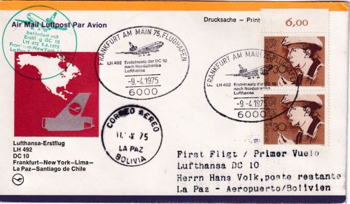 BRD - 2x30 Pfg. A. Kolb Luftpostbrief n. BOLIVIEN LH-Erstflug FFM - La Paz 1975
