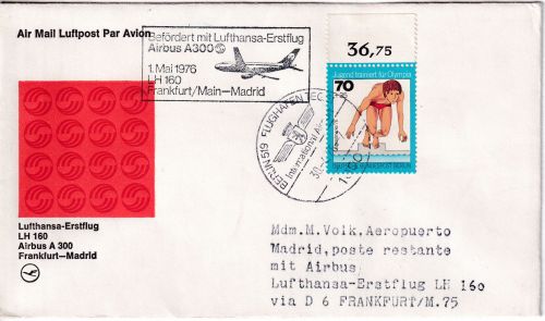 Berlin - 70 Pfg. Jugend Oberrand LH-Erstflug FFM-Madrid Zuleitungspost 1976