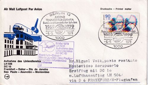Berlin - 90 Pfg. Sporthilfe LH-Erstflug FFM-Montevideo Zuleitungspost 1979