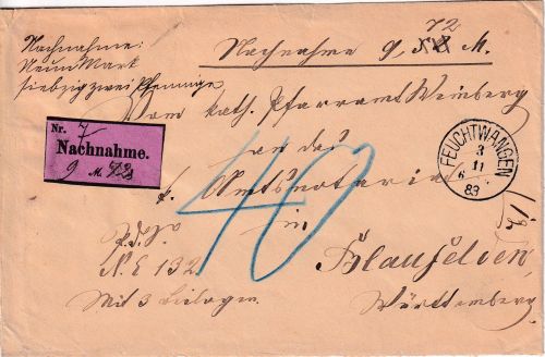 Bayern/Württemberg - Feuchtwangen 1883 Nachnahmebrief n. Blaufelden Nachporto