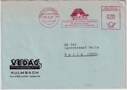 BRD - Kulmbach 1961 20 Pfg. AFS VEDAG Dachpappen Brief n. Naila
