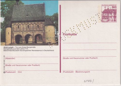 BRD - Lorsch Königshalle 60 Pfg. Bildganzsache Perfin "Druckmuster" ungebraucht