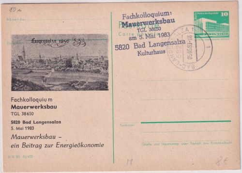 DDR - 10 Pfg. Ganzsache/Zudruck Fachkolloqium Mauerwerksbau Bad Langensalza 1983