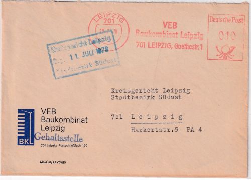 DDR - Leipzig 1978 10 Pfg. AFS "VEB Baukombinat" Ortsbrief