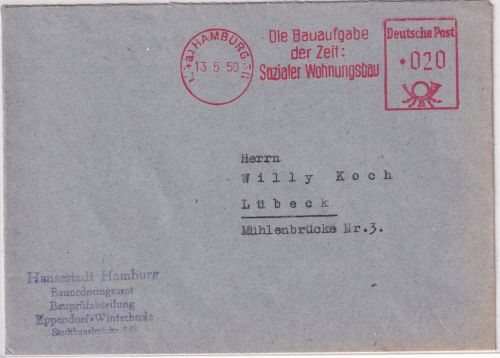 BRD - Hamburg 1950 20 Pfg. AFS "Sozialer Wohnungsbau" Brief n. Lübeck