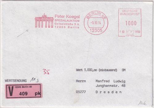 Berlin - 10 DM AFS "Koegel Auktion" (Brandenburger Tor) Wertbrief n Dresden 1994