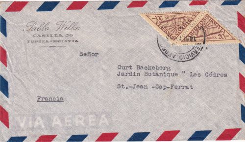 Bolivien - 2x20 B. Kolumbus-Leuchtturm Luftpostbrief n. FRANKREICH Tupiza 1953