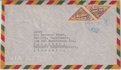 Bolivien - 2x20 B. Kolumbus-Leuchtturm Luftpostbrief Oruro - Hannover 1953