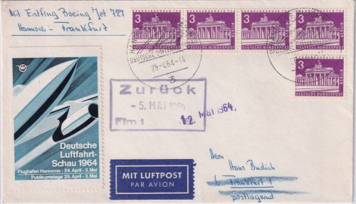 Berlin - 5x3 Pfg. Brandenburger Tor Luftpostbrief SST Hannover Flughafen 1964