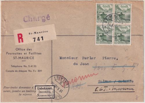 Schweiz - 10 Rp. Schloss Cillon 4er-Block Einschreibebrief St. Maurice 1948