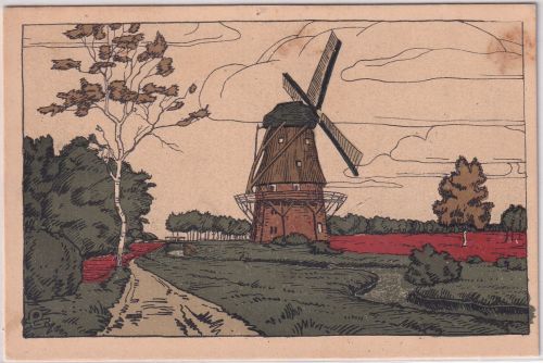 Niedersachsen - Lüneburger Heide Windmühle col. Künstler-Steinzeichnung ca. 1910