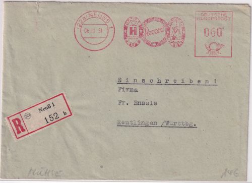BRD - Neuss 1951 60 Pfg. AFS "Record" (Mühle) Einschreibebrief n. Reutlingen