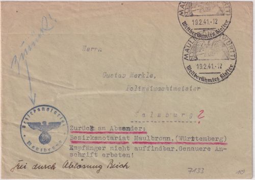 DR - Maulbronn Weltberühmtes Kloster 1941 Handwerbestpl. Dienstbrief n. Salzburg