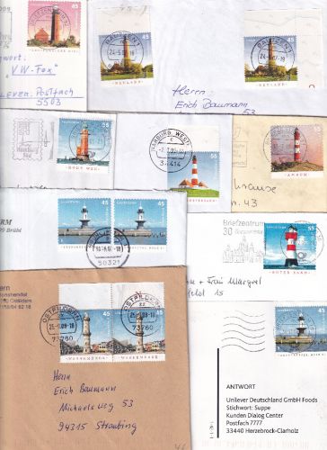 BRD - Leuchttürme 9 Belege/Karten/Briefe mit Einzel-/Mehrfachfrankaturen 2005/10