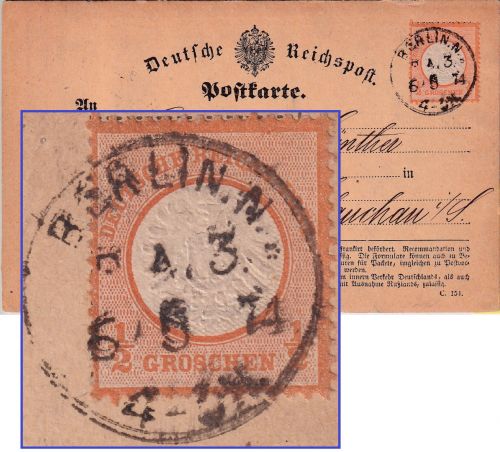 DR - 1/2 Gr. gr. Brustschild Fernkarte K1 Berlin N P.A.3 - Glauchau 1874