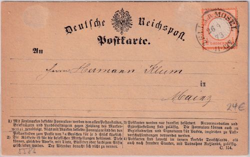 DR - 1/2 Gr. gr. Brustschild Fernkarte preuss. K2 Zell a.d. Mosel - Mainz 1873