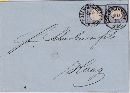DR - 2x2 Gr gr. Brustschild Brief n. HOLLAND K1 Coeln Bahnhof - Den Haag 1873