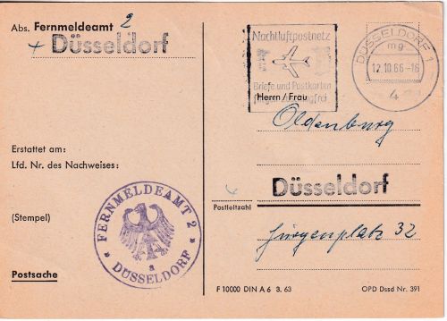 BRD - Düsseldorf 1966 Postsache/Ortskarte Fernmeldeamt (Gebührenerstattung)