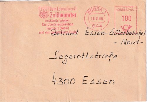 BRD - Bebra 1989 100 Pfg. AFS "Dein Lebensberuf ! Zollbeamter" Brief n. Essen