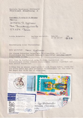 BRD - Bonn 1993 Luftpostbrief n. SÜDAFRIKA "Crashmail" m. Begleitschreiben