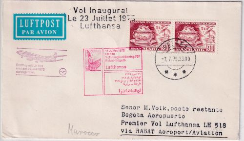 Dänemark - 2x90 Ö. Porzellan Zuleitungspost LH-Erstflug Rabat - Bogota 1975