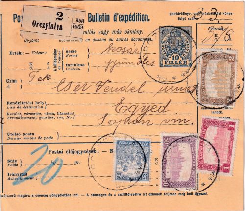 Ungarn/Rumänien - 10 F. Ganzsache+Zusatz Paketkarte Orczyfalva - Egyed 1918