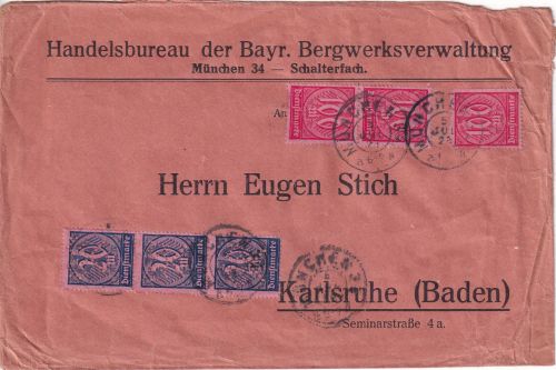 DR-Infla - 3x20+100 M. Perfin Dienstbrief Bayr. Bergwerksverwaltung München 1923