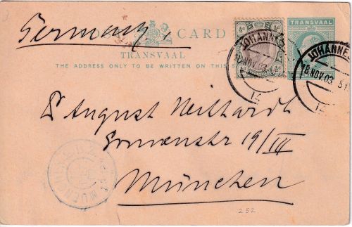 Transvaal - 1/2 P. Ganzsache+Zusatz Johannesburg - München 1903