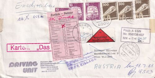BRD - 3x300+3x10 Pfg. I&T Einschreiben-Nachnahmebrief n. ÖSTERREICH 1988