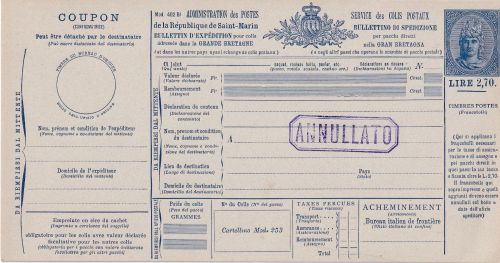 San Marino - 2,70 L. Paketkarte Ganzsache ungebraucht Ra1 "Annullato"