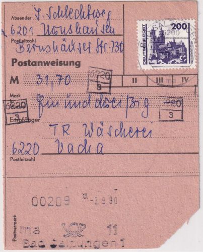 DDR/VGO - 200 Pfg. Bauwerke Postanweisung Bad Salzungen - Vacha 3.9.90