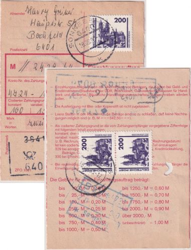 DDR/VGO - 3x200 Pfg. Bauwerke Einzahlungsauftrag Sonneberg 18.9.90
