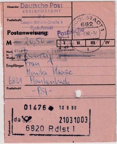 DDR/VGO - Rudolstadt 10.9.90 Postsache-Postanweisung n. Mankenbach
