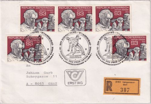 Österreich - 5x3 S. 50. Todestag Hanak Einschreibebrief/FDC Langenzersdorf 1984