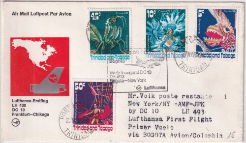 Trinidad & Tobago - 50 C. Karneval ua. Zuleitungspost LH-Erstflug Bogota NY 1979