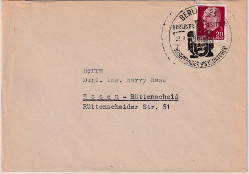 DDR - Berlin C25 Berliner Festtage (Lyra) SST Brief n. Essen 1961