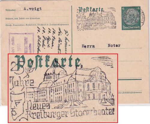 DR - Freiburg 1936 "25 J. Neues Stadttheater" Masch.werbestpl. Ganzsache