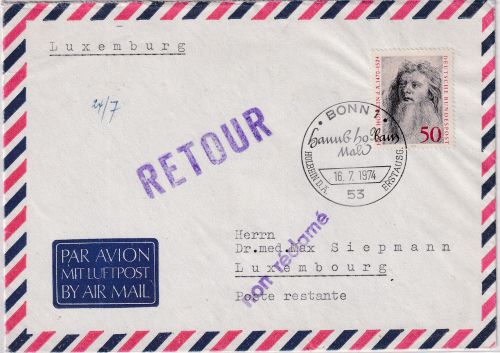 BRD - 450. Todestag Holbein Luftpostbrief/FDC n. LUXEMBURG ESST Bonn 1974