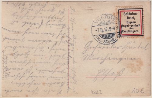 DR - Vierde 1912 portofreie Soldatenkarte (Vignette !) n. Mörchingen