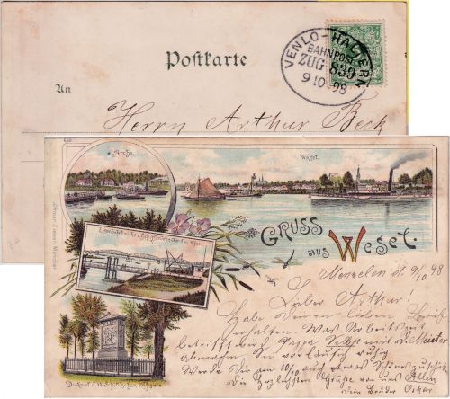 DR - Venlo Haltern Bahnpost Zug 839 Farblitho Wesel n. Oberplanitz 1898
