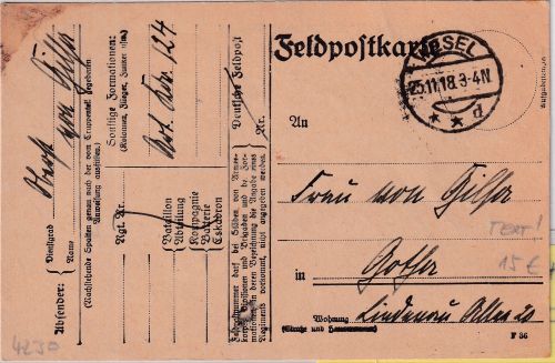 DR - Wesel 25.11.18 Feldpostkarte n. Gotha Abs. Oberst v. Gilsa - Text !