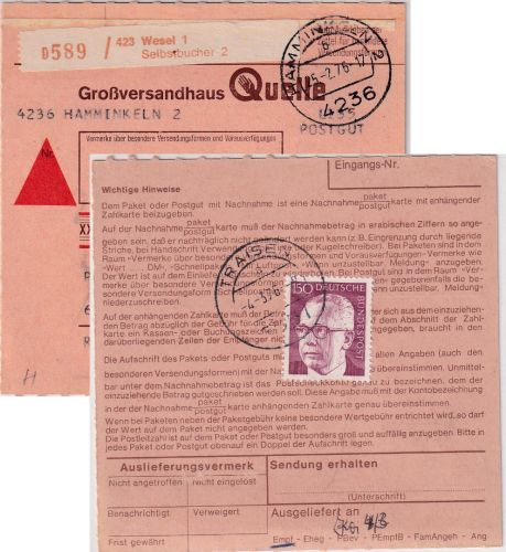 BRD - 150 Pfg. Heinemann Aushändigungsgebühr NN-Paketkarte Wesel Traisen 1976