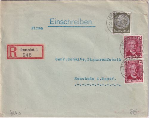 DR - 30 Pfg. Hindenburg u.a. Einschreibebrief Emmerich - Meschede 1936