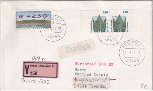 BRD - 440 Pfg. SWK waagr. Paar u.a. Wertbrief Emmerich - Dresden 1999