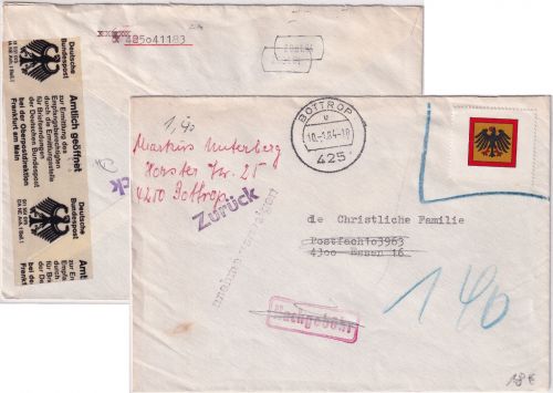 BRD - Bottrop 1984 unfrankierter Brief n. Essen Retour/Rückbriefstelle FFM