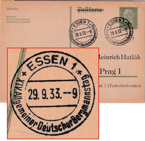 DR - Essen 1933 XIV. Allg. Deutscher Begmannstag SST 5 Pfg. Ganzsache n. Prag